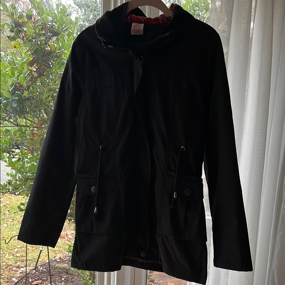 NWOT Wanna B Black Utility Jacket with plaid hood and elbow patches